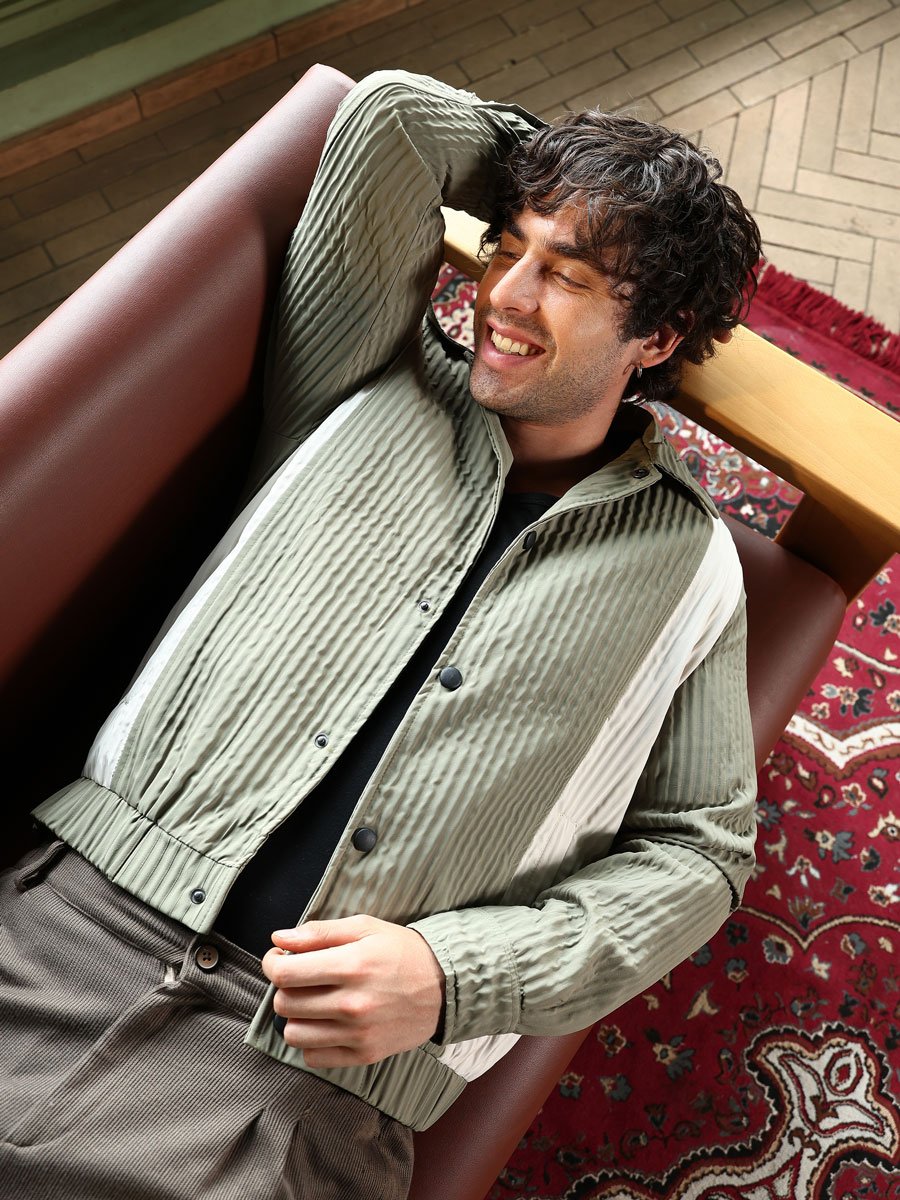 Men Green Panelled Crease-Tactile Jacket