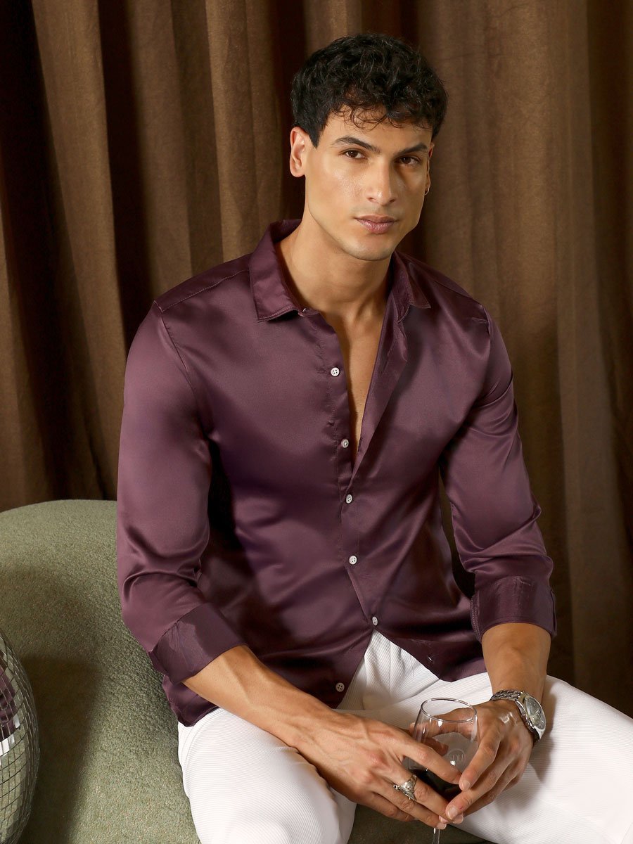 Men Burgundy Brown Solid-Satin Regular Shirt