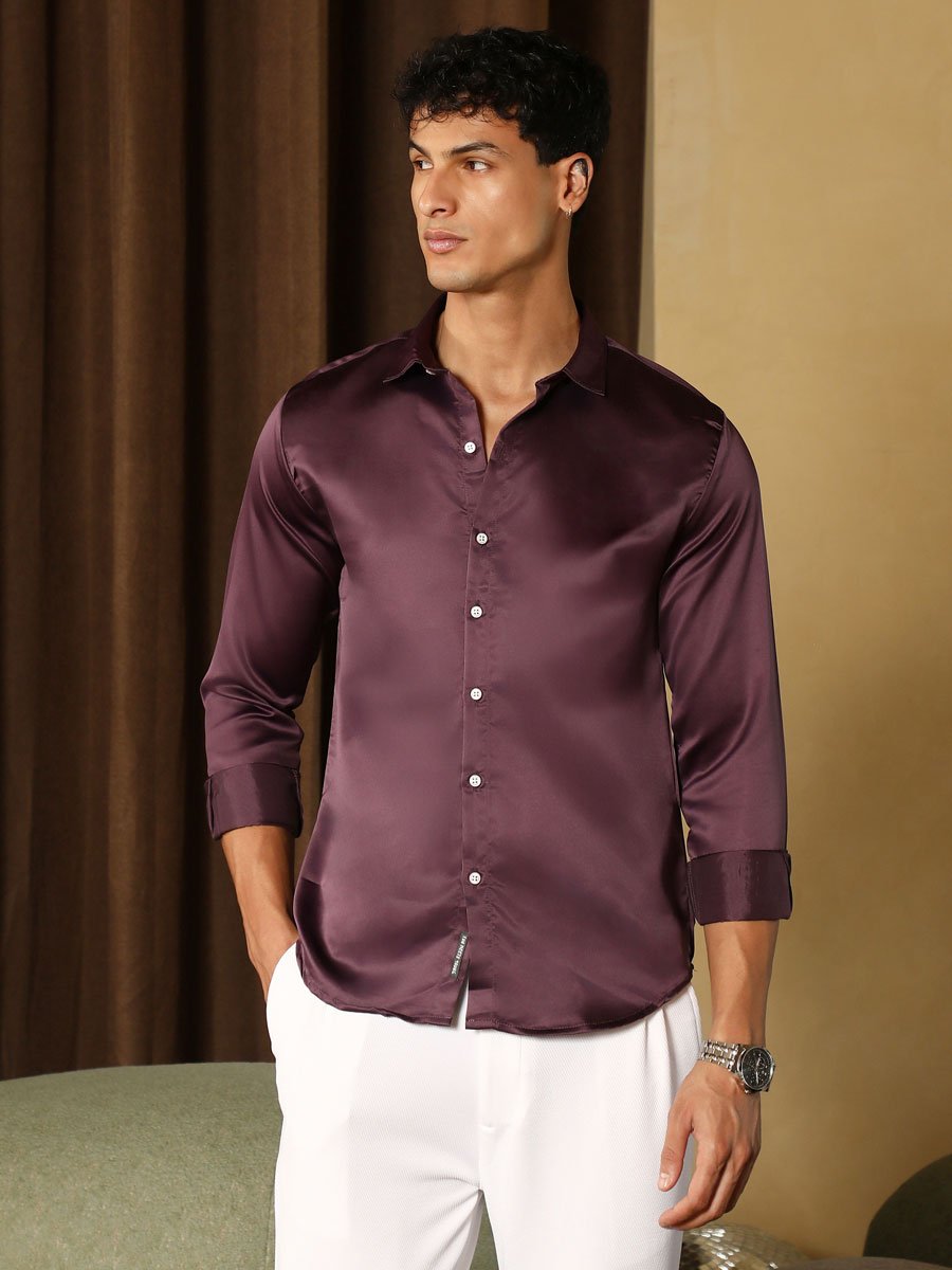 Men Burgundy Brown Solid-Satin Regular Shirt
