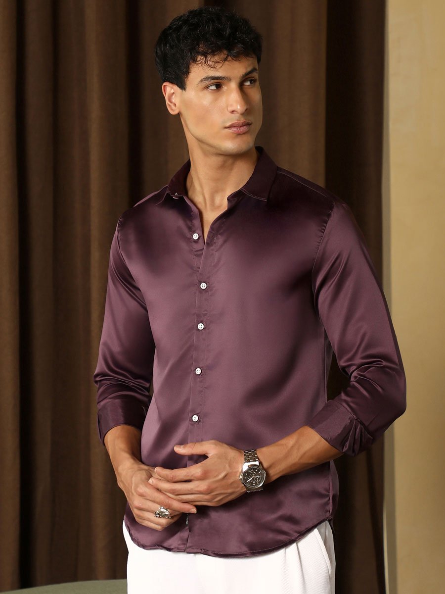 Men Burgundy Brown Solid-Satin Regular Shirt