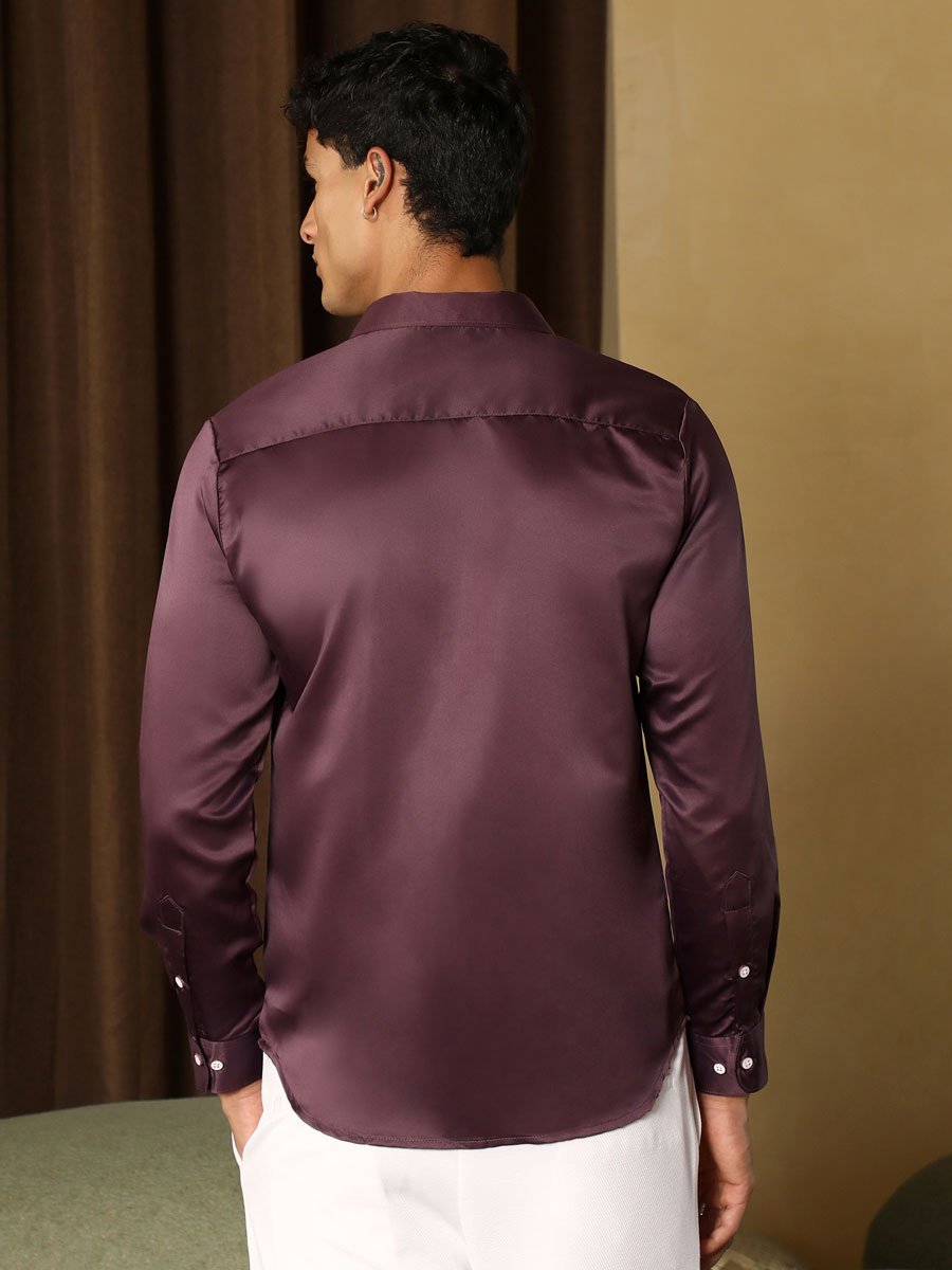 Men Burgundy Brown Solid-Satin Regular Shirt