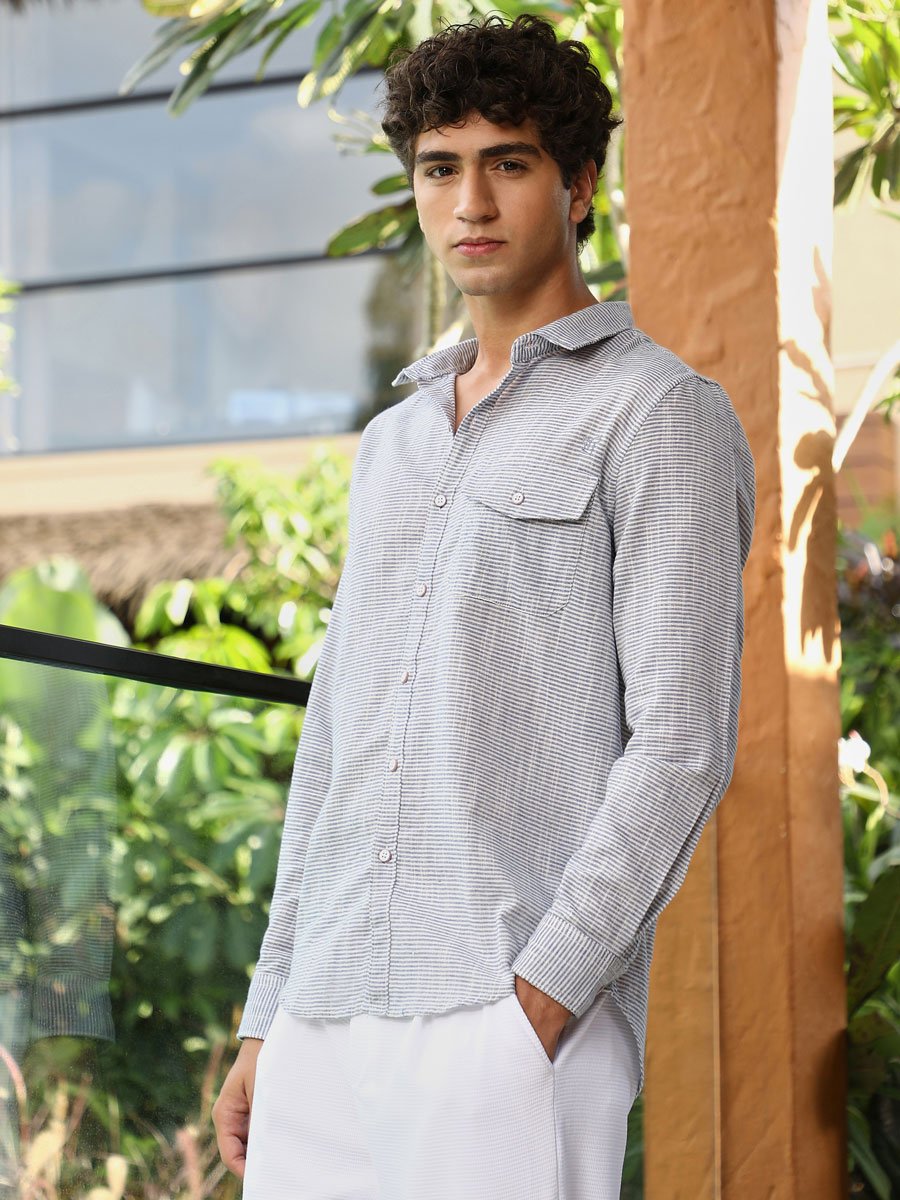 Men Blue Candy-Stripe Jacquard Shirt