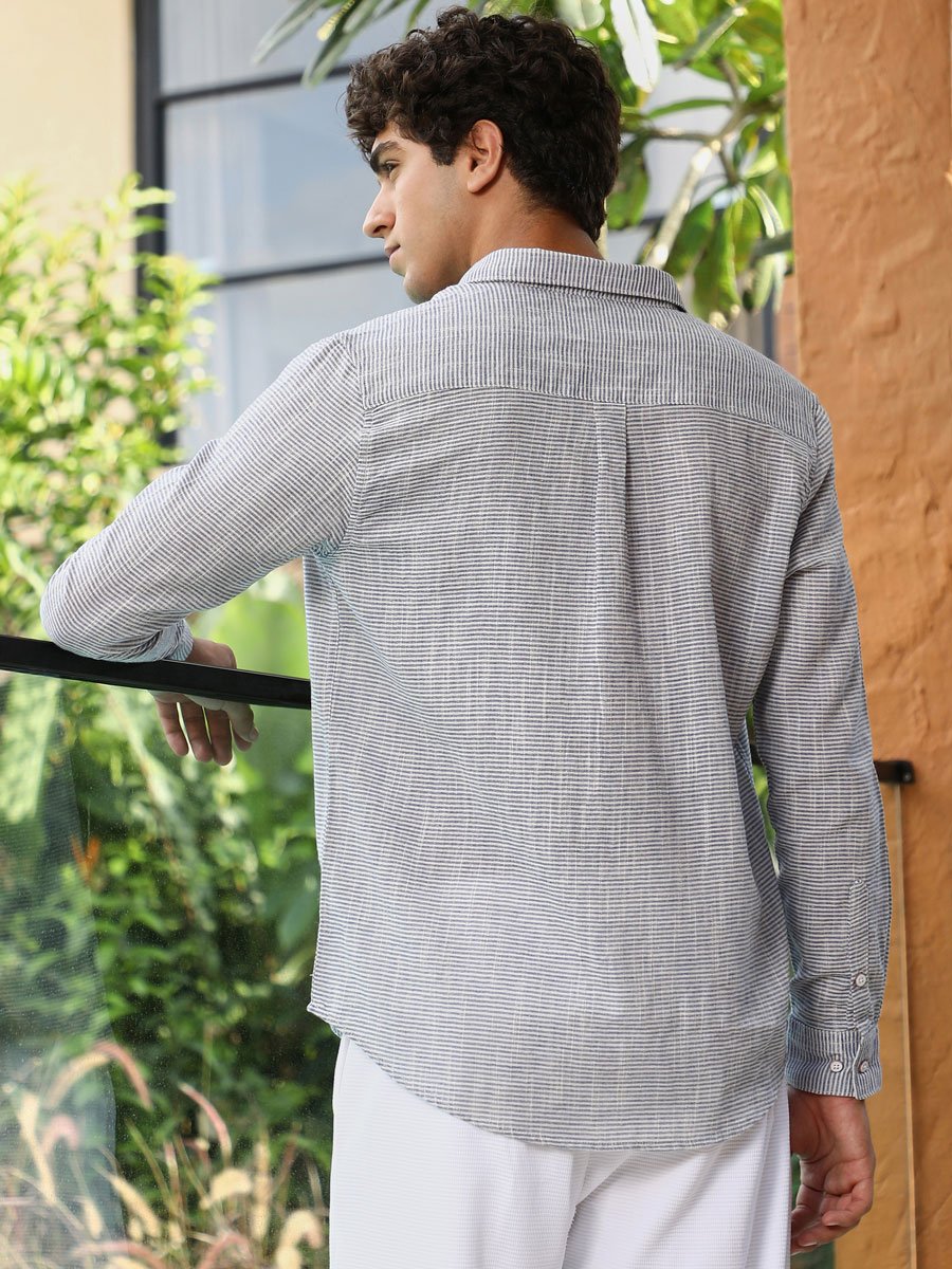 Men Blue Candy-Stripe Jacquard Shirt