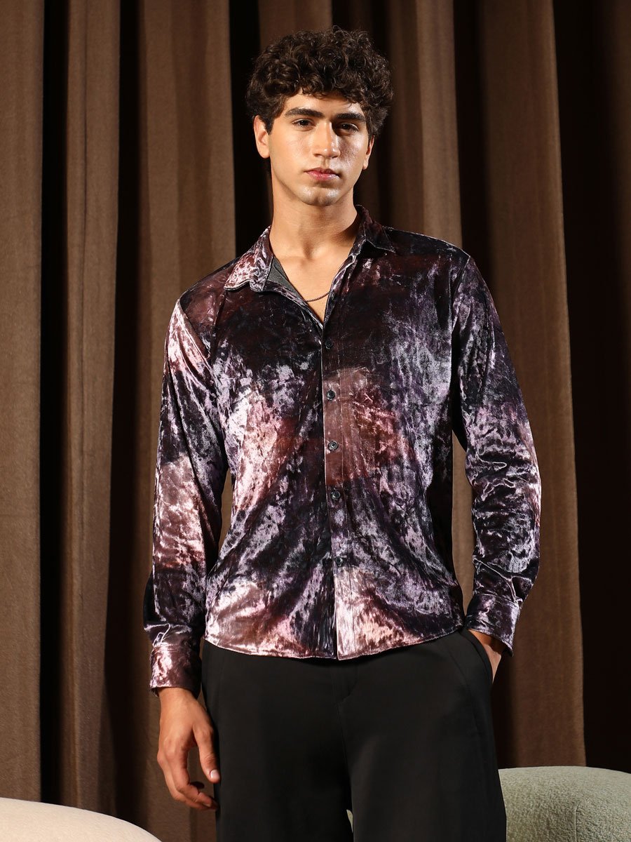Men Violet Purple Contrast-Blur Imprint Velvet Shirt