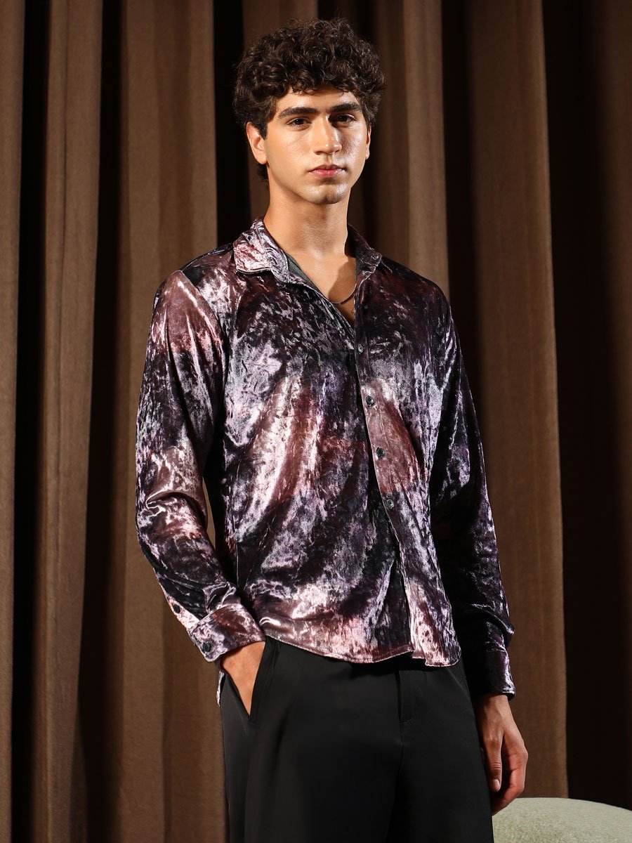 Men Violet Purple Contrast-Blur Imprint Velvet Shirt