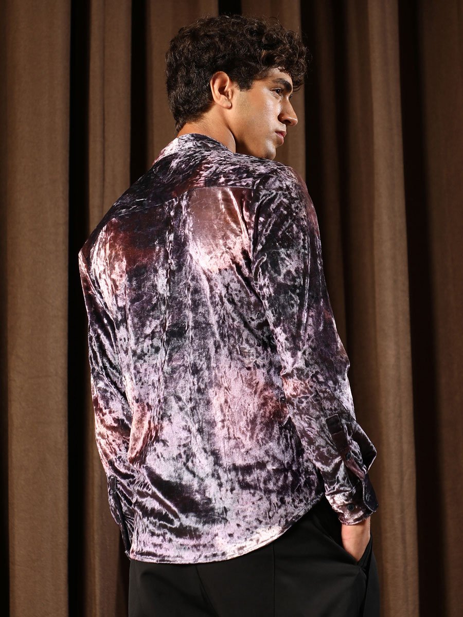 Men Violet Purple Contrast-Blur Imprint Velvet Shirt