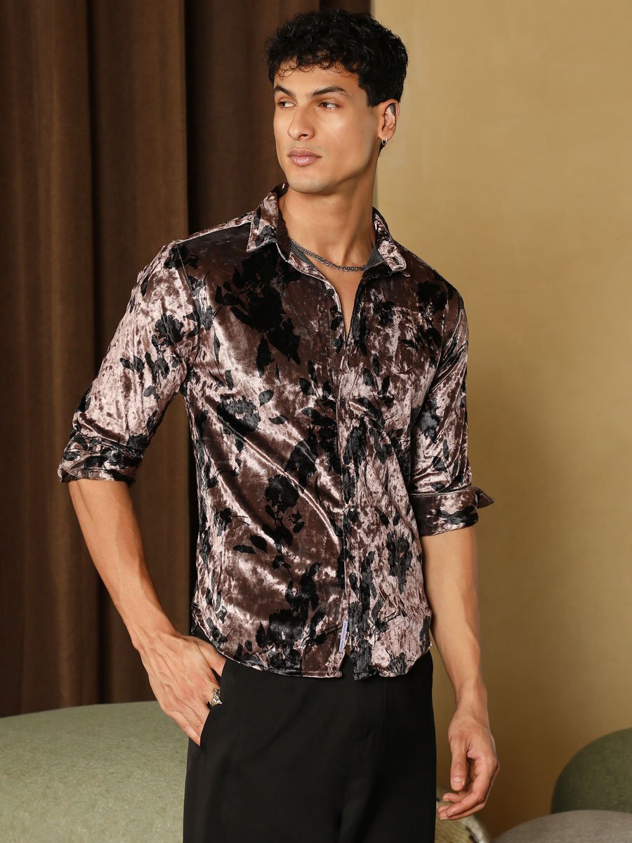 Men Coffee Brown Contrast-Botanical Imprint Velvet Shirt