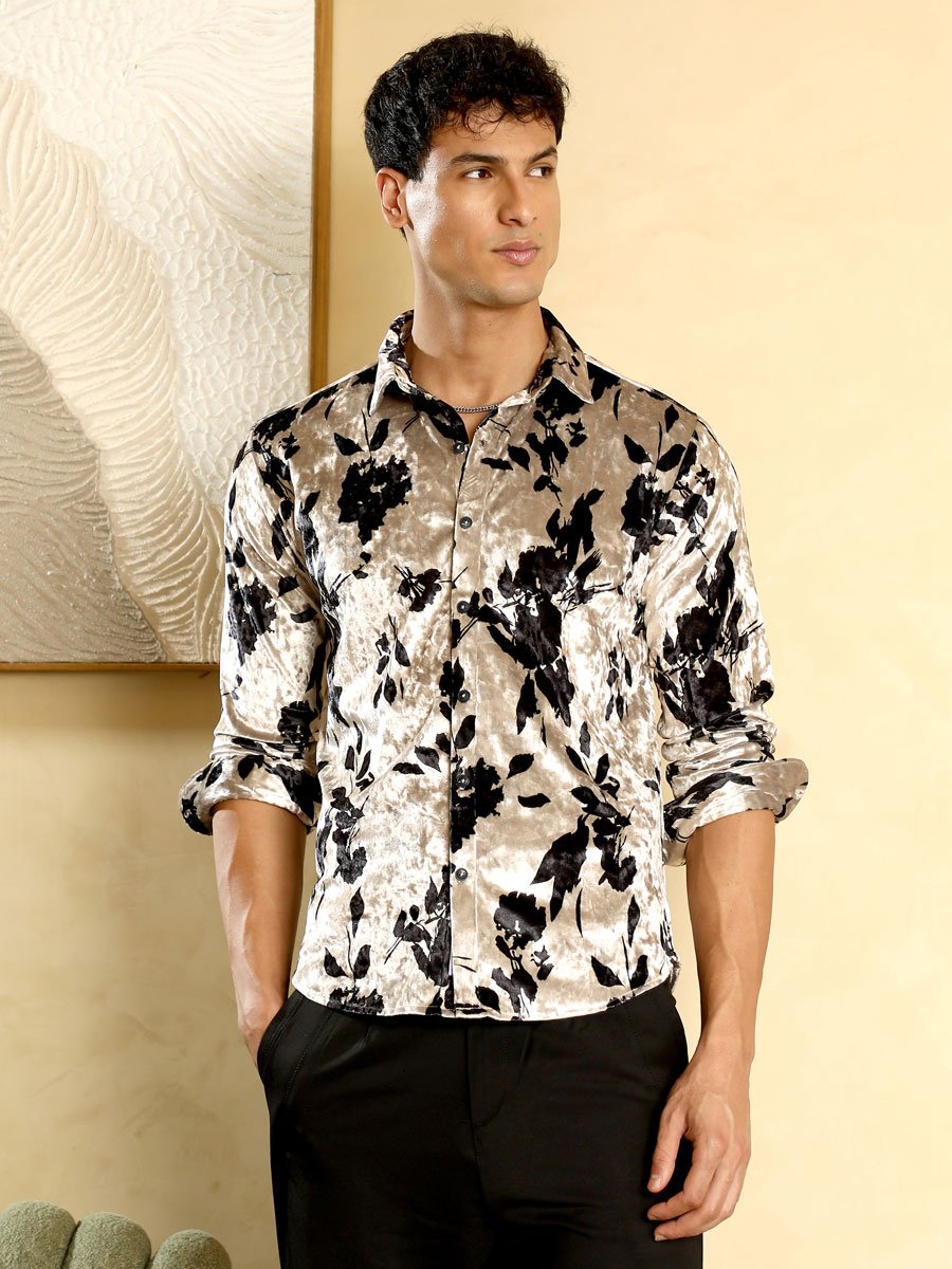 Men Ecru Beige Contrast-Botanical Imprint Velvet Shirt