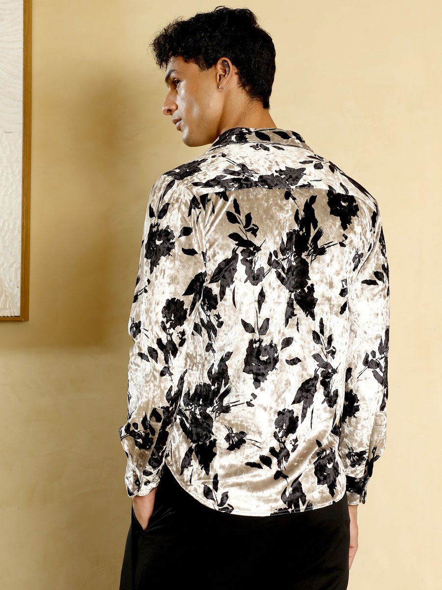 Men Ecru Beige Contrast-Botanical Imprint Velvet Shirt