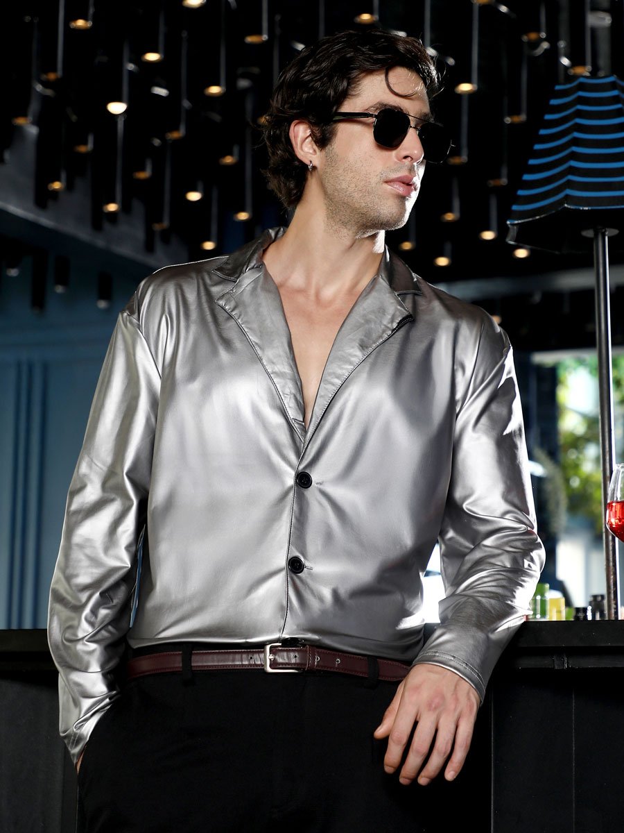 Men Chalice Silver Single-Breasted Sheen Shirt