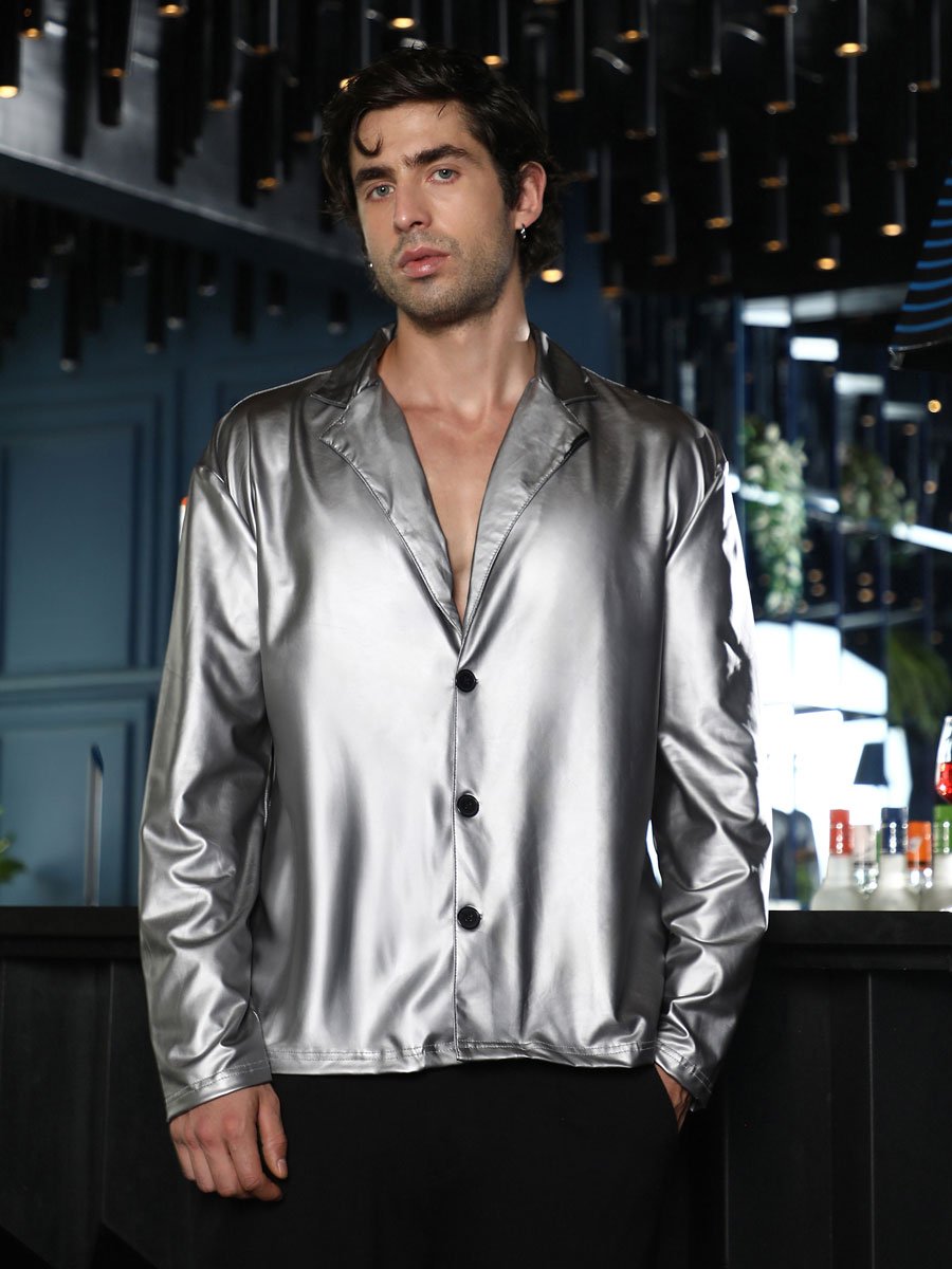Men Chalice Silver Single-Breasted Sheen Shirt