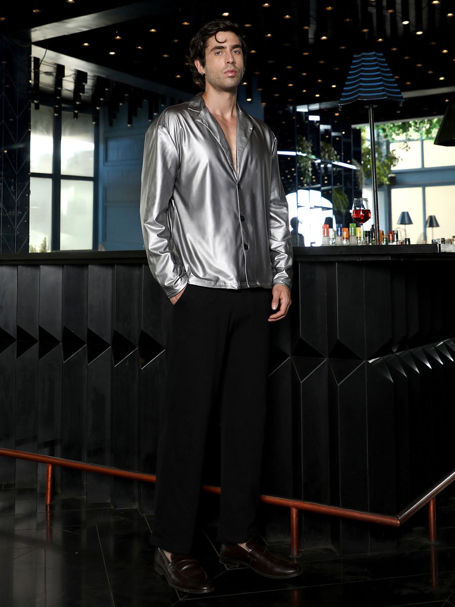 Men Chalice Silver Single-Breasted Sheen Shirt