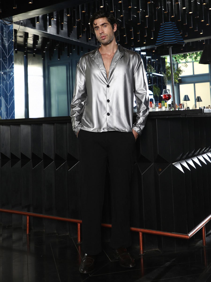Men Chalice Silver Single-Breasted Sheen Shirt