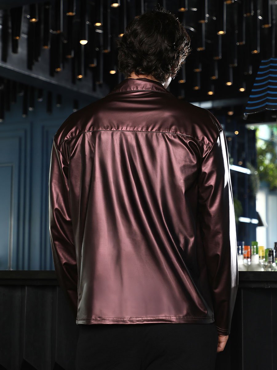 Men Burgundy Red Single-Breasted Sheen Shirt