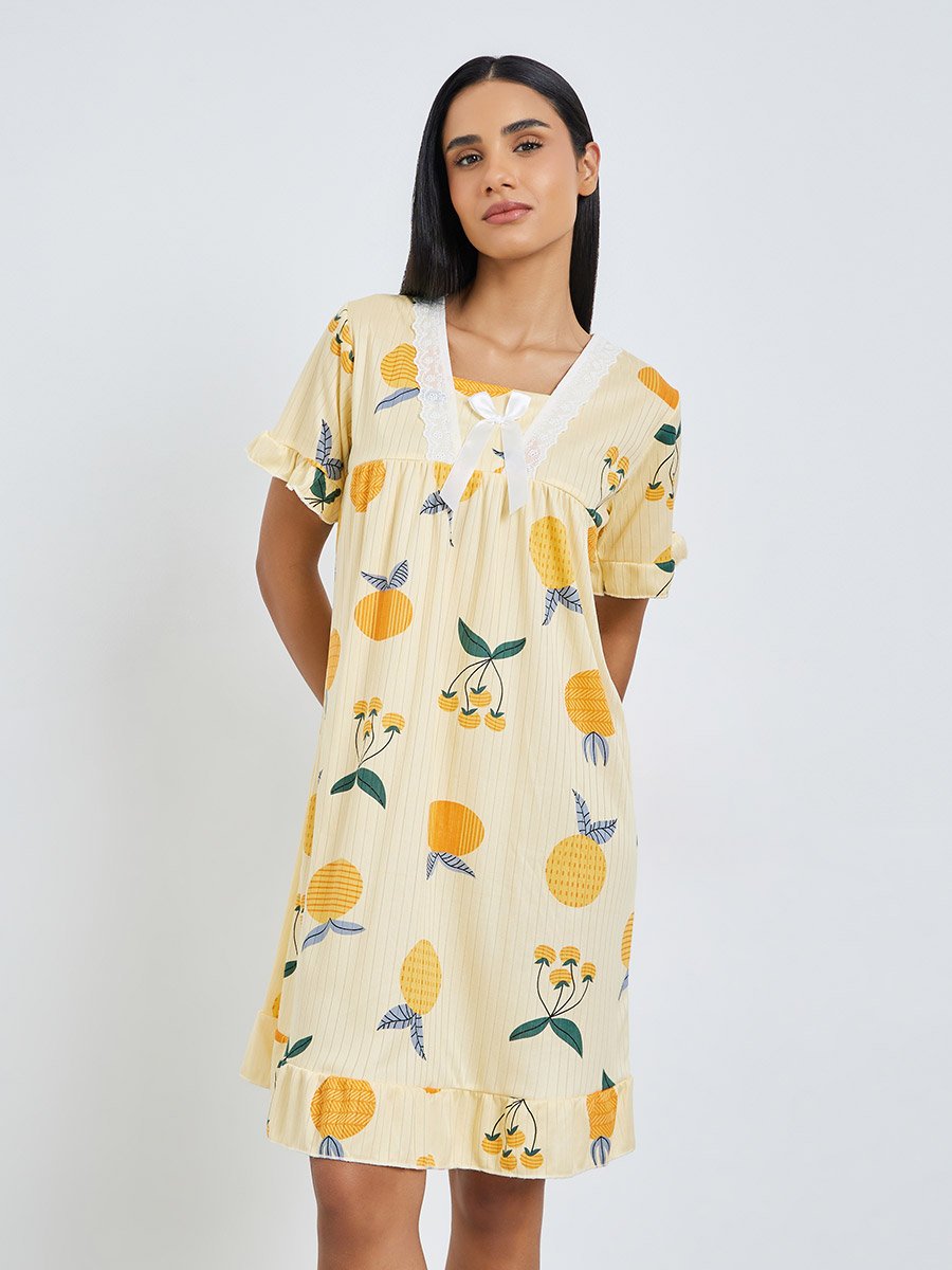 Yellow Fruit Print Short Sleeve Nightdress
