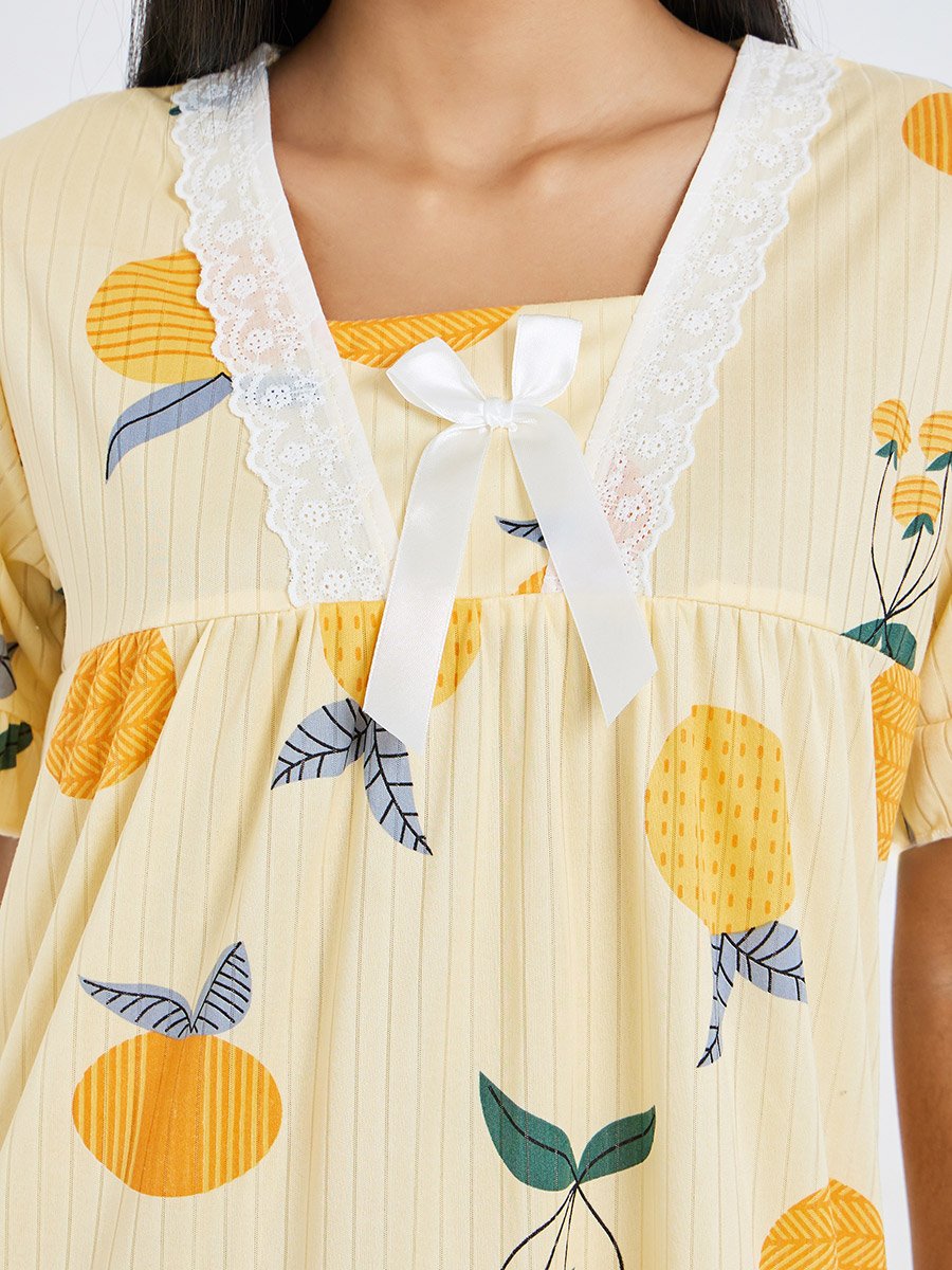 Yellow Fruit Print Short Sleeve Nightdress