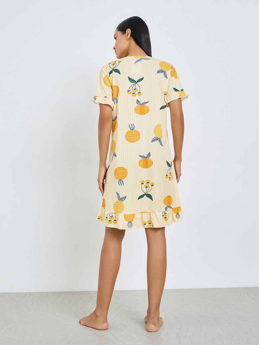 Yellow Fruit Print Short Sleeve Nightdress