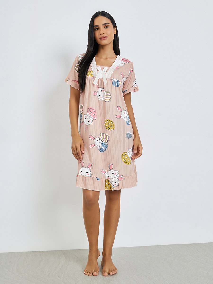 Pink Bunny Print Short Sleeve Nightdress
