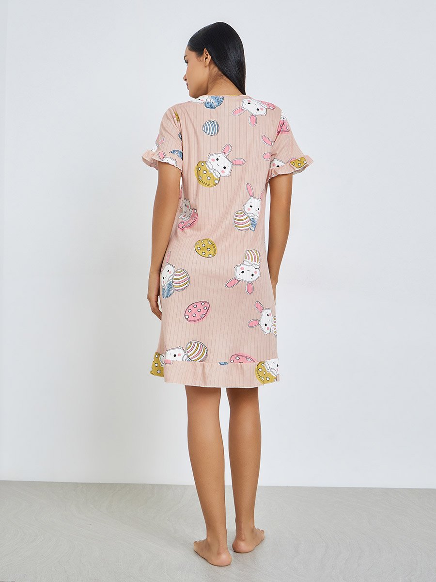 Pink Bunny Print Short Sleeve Nightdress