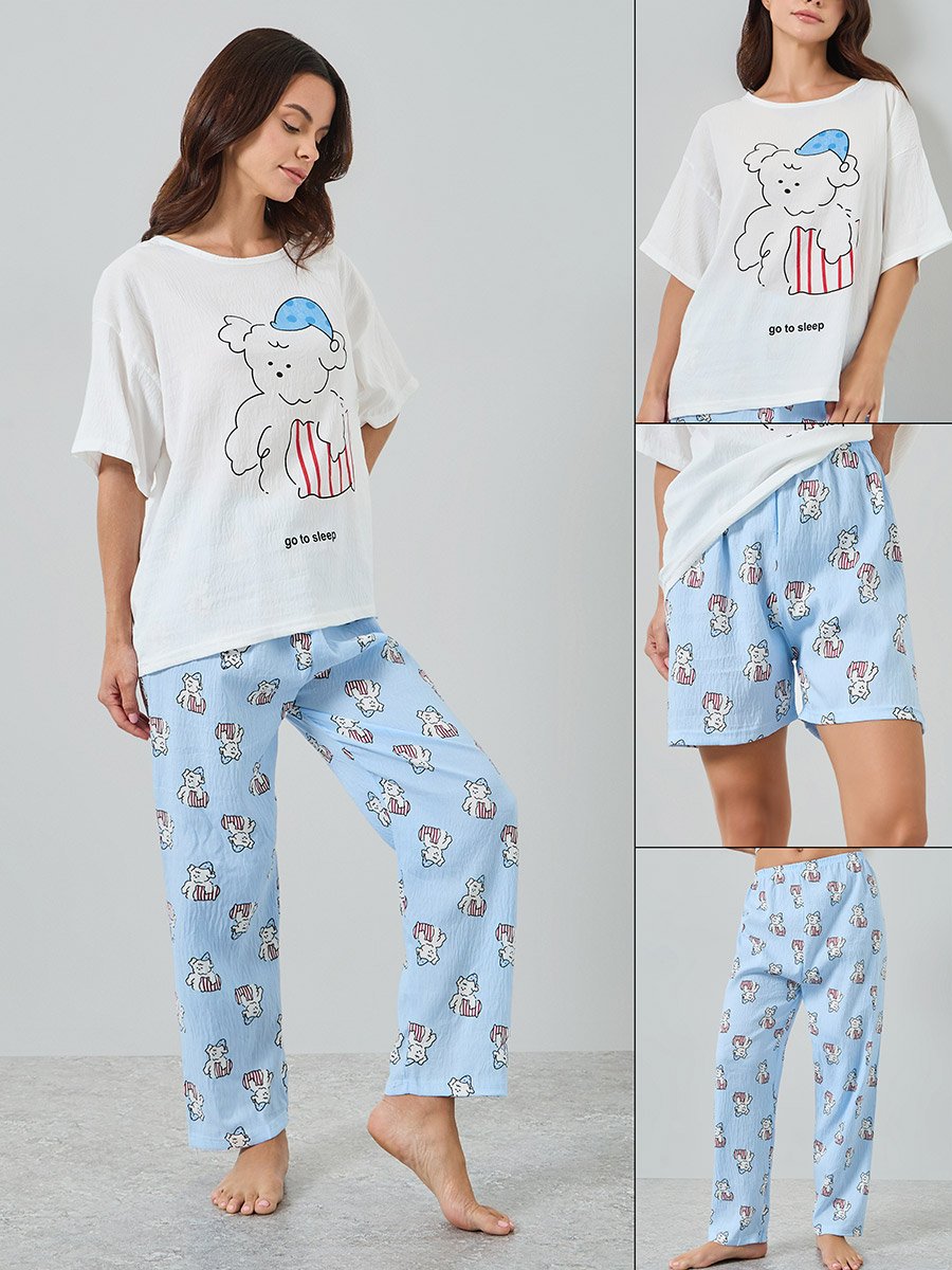 Pack of 3 - Dogs Printed T-Shirt and Shorts with Pyjama Set