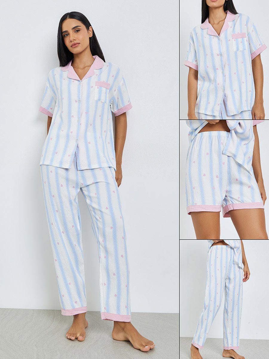 Pack of 3 - Striped Shirt, Pyjama and Shorts Set