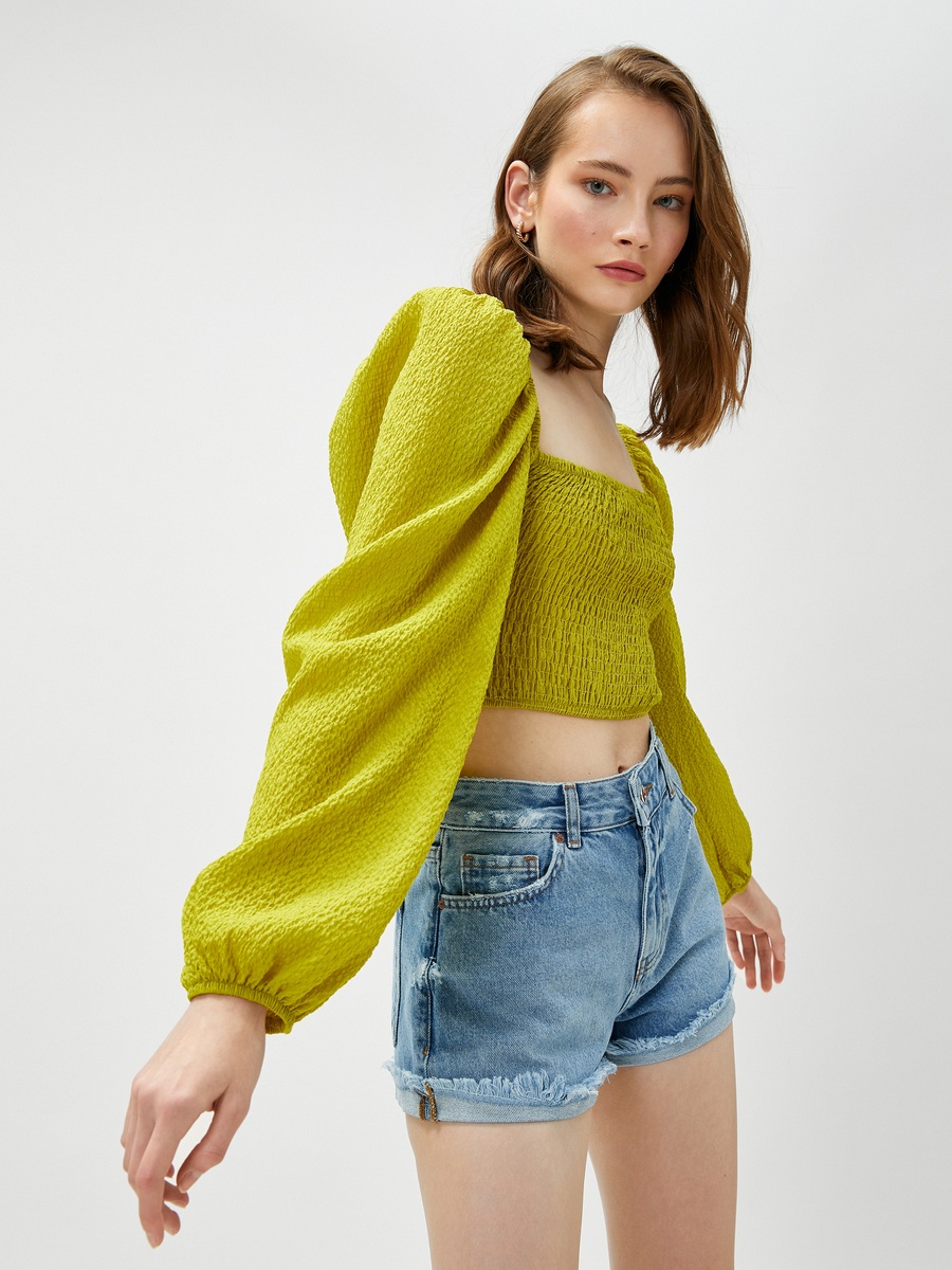 Puff Sleeve Square Neck Smocked Crop Blouse