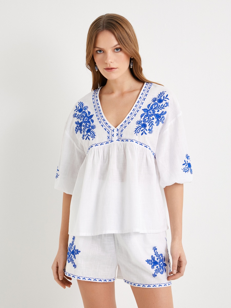 V Neck Puff Sleeve Blouse