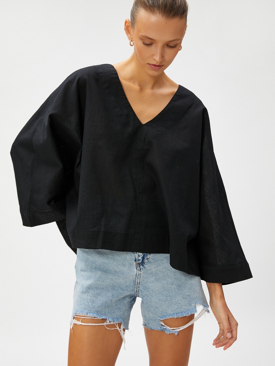 Linen Blended V Neck Oversized Blouse