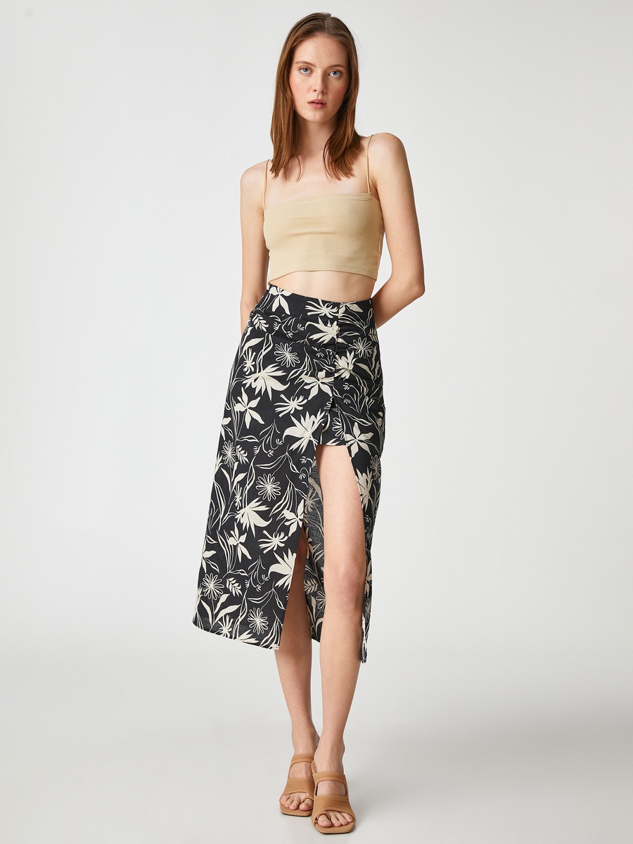 Draped Slitted Linen Blend Midi Skirt