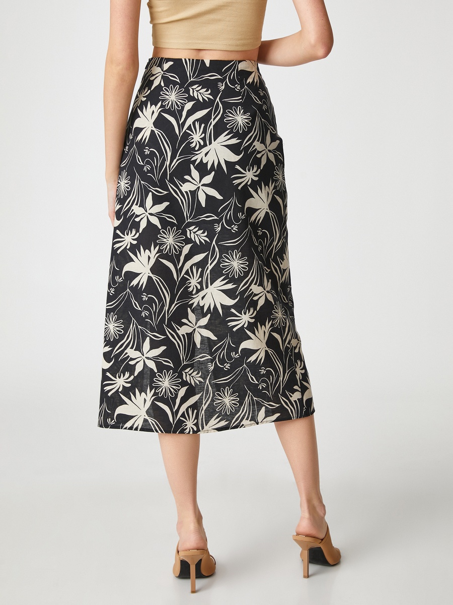 Draped Slitted Linen Blend Midi Skirt