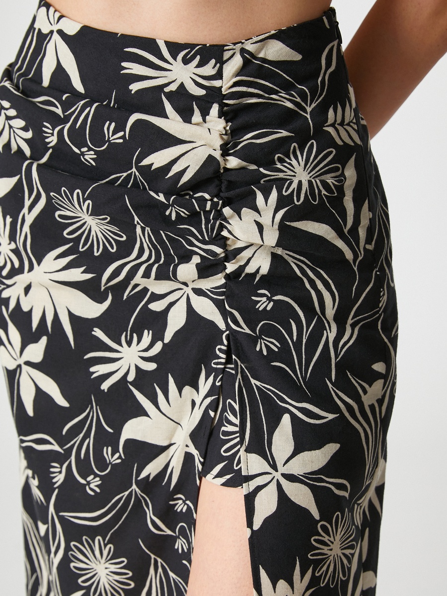 Draped Slitted Linen Blend Midi Skirt