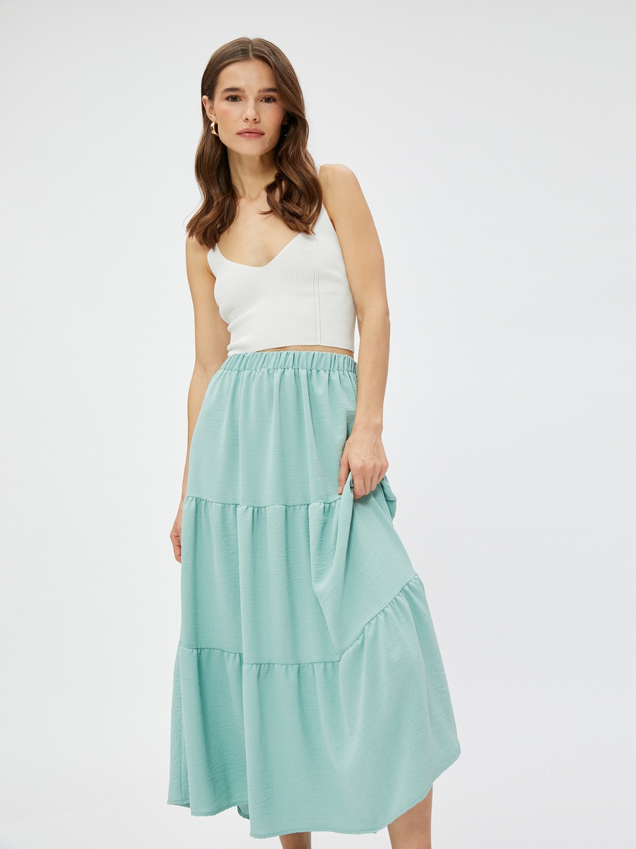 Tiered Elastic Waist Midi Skirt