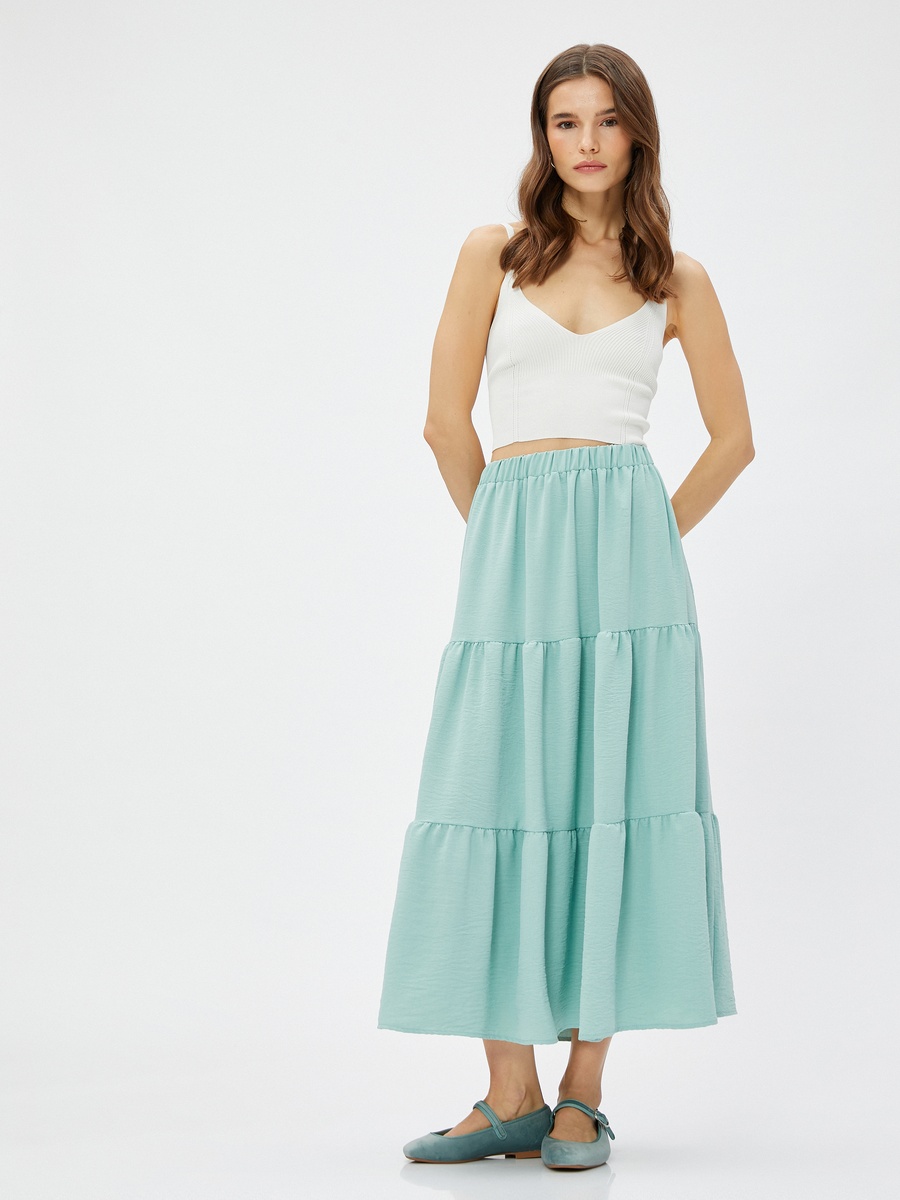 Tiered Elastic Waist Midi Skirt