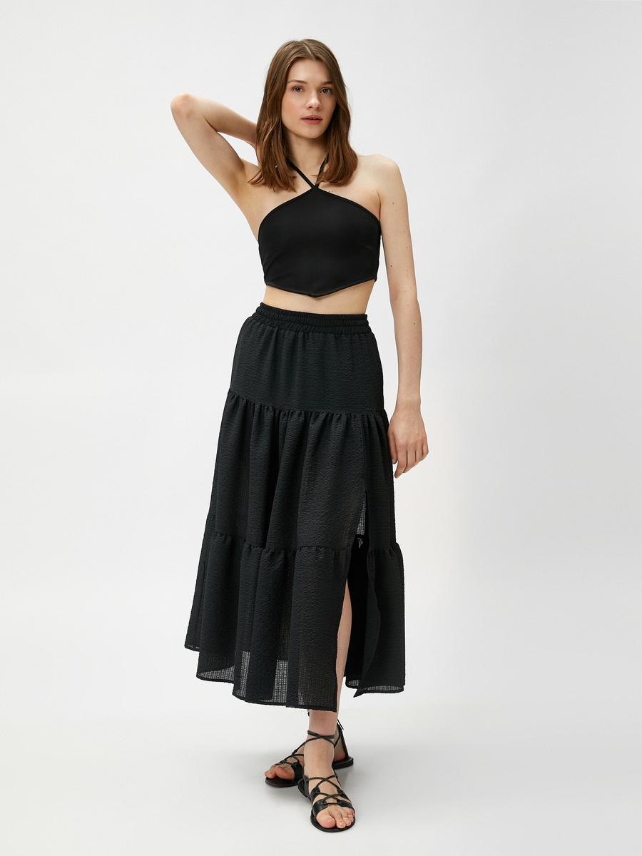 Tiered Midi Skirt with Elastic Waist