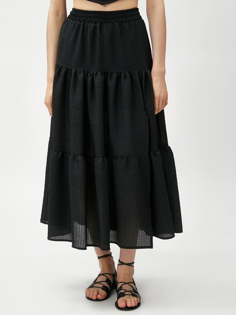 Tiered Midi Skirt with Elastic Waist