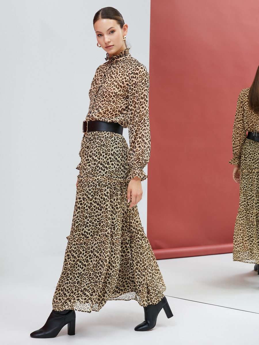 Voluminous Leopard Patterned Maxi Chiffon Skirt