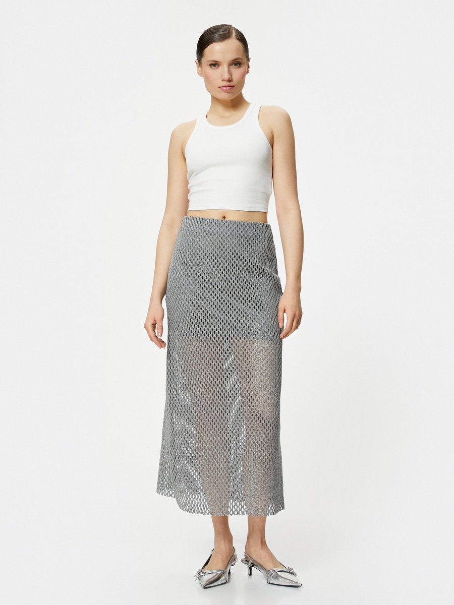 Metallic Glitter Ajoure Midi Skirt