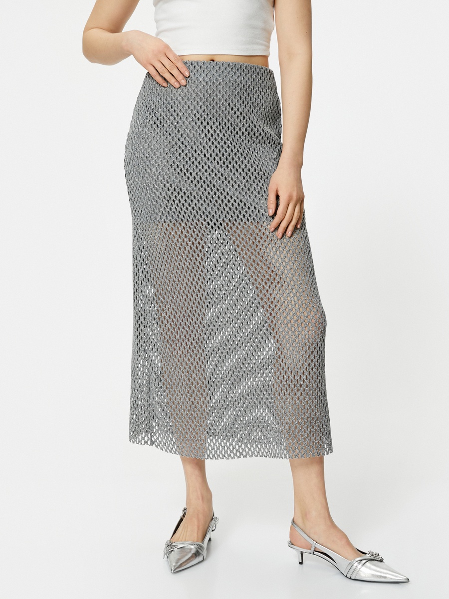 Metallic Glitter Ajoure Midi Skirt