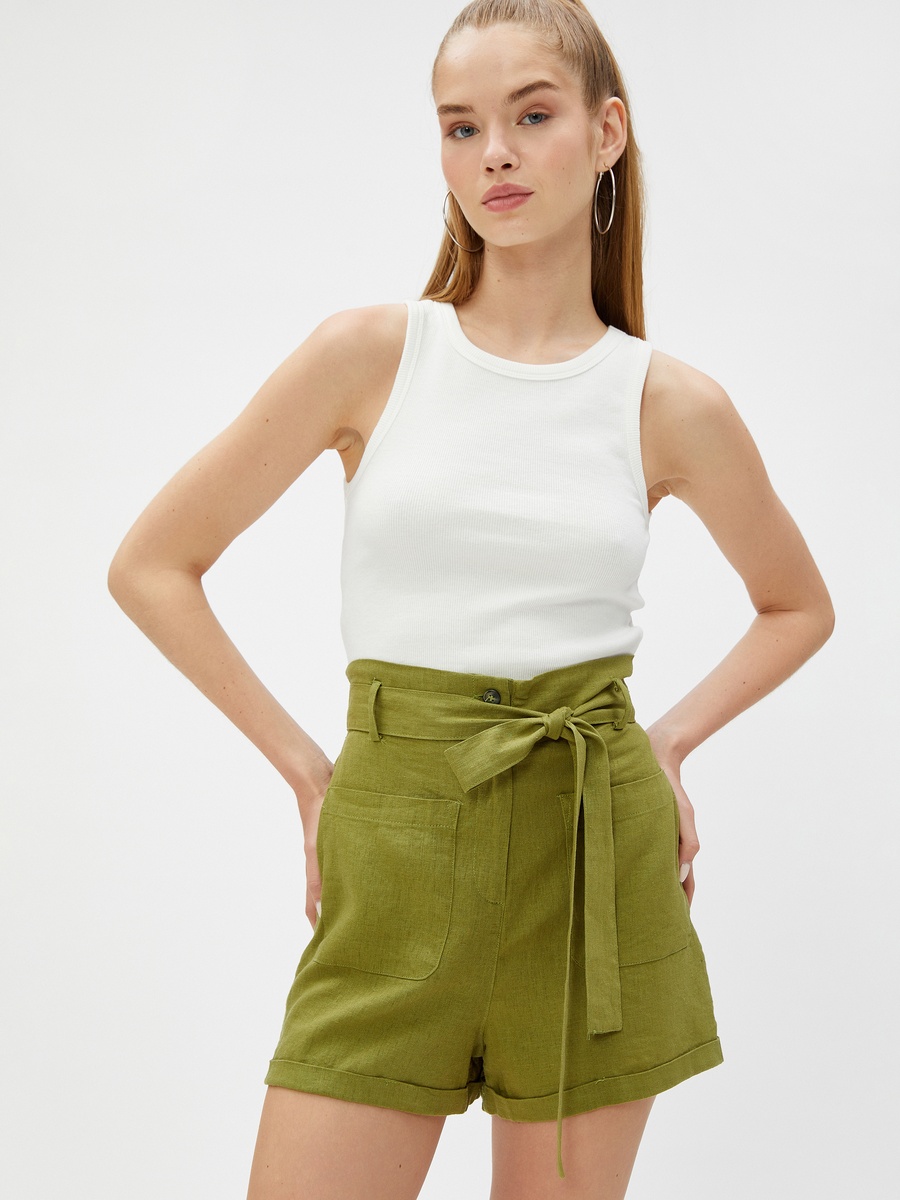 Pocket Detail Belted Linen Blend High Rise Shorts