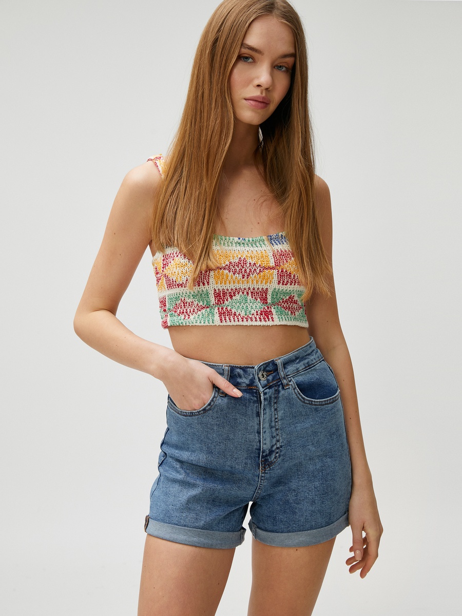 High Waist Cotton Pocket Detail Denim Shorts