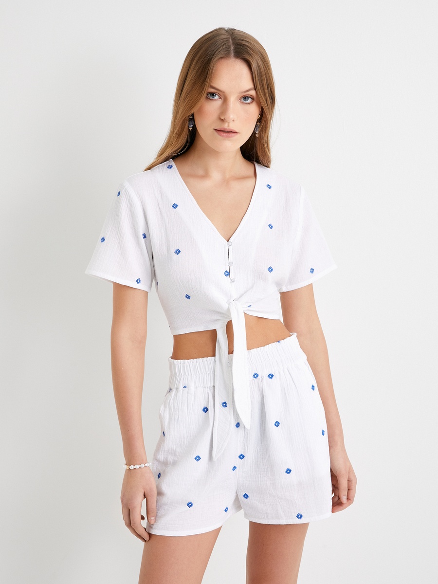 Cotton Embroidered Tie Front Short Sleeve Crop Shirt