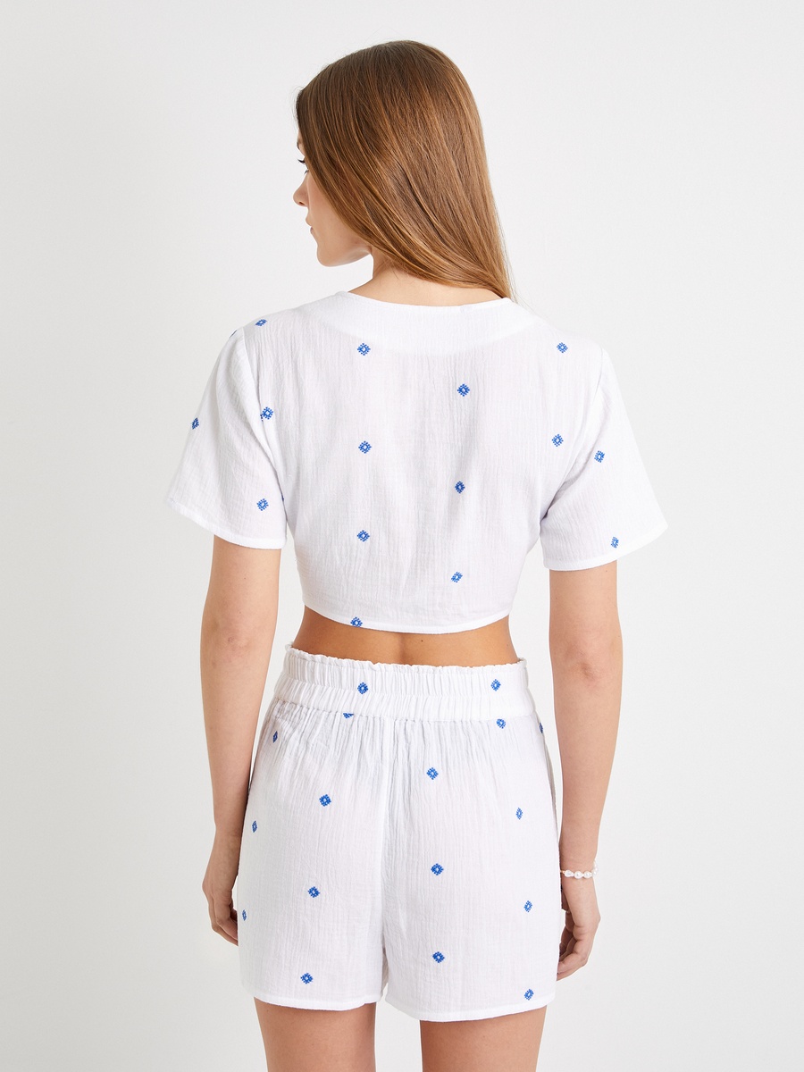 Cotton Embroidered Tie Front Short Sleeve Crop Shirt