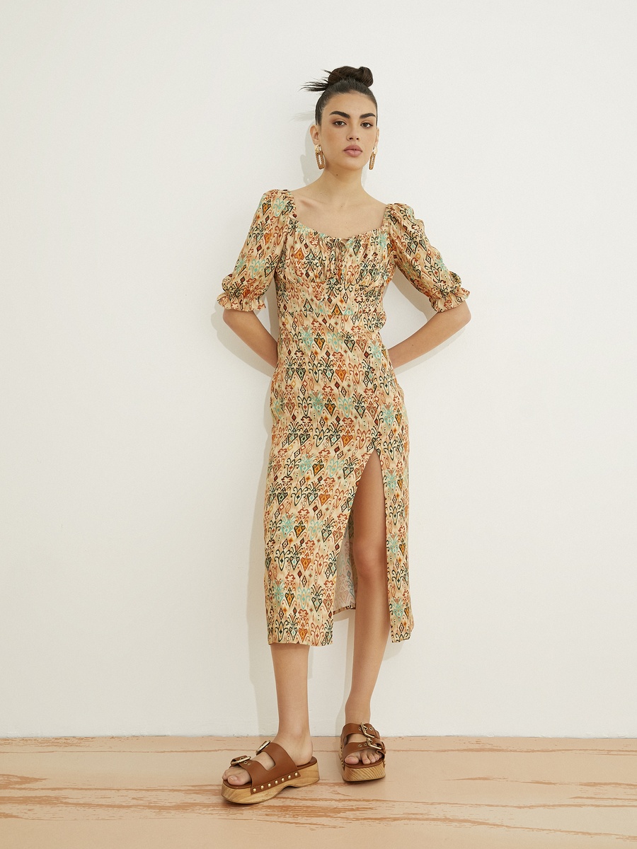 Viscose Square Neck Puff Sleeve Slit Midi Dress