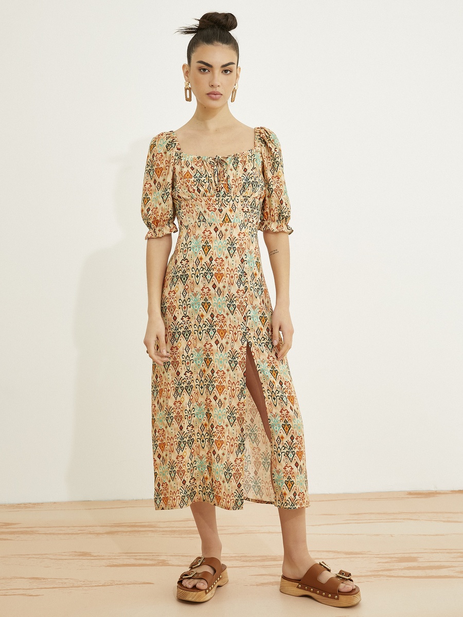 Viscose Square Neck Puff Sleeve Slit Midi Dress