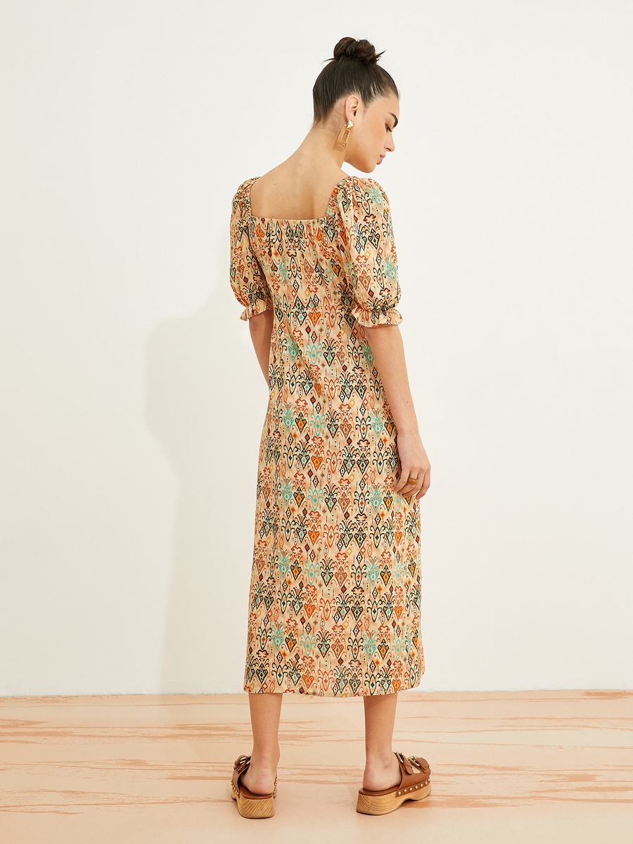 Viscose Square Neck Puff Sleeve Slit Midi Dress
