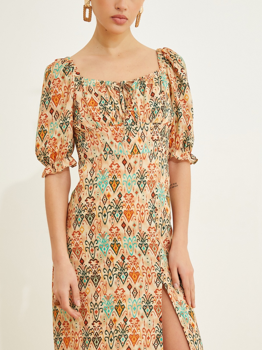 Viscose Square Neck Puff Sleeve Slit Midi Dress