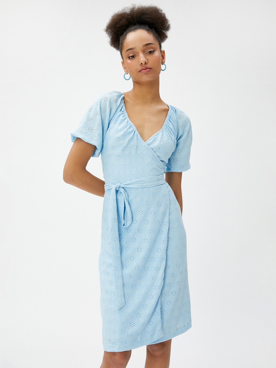 V Neck Puff Sleeve Wrap Over Mini Cutwork Dress