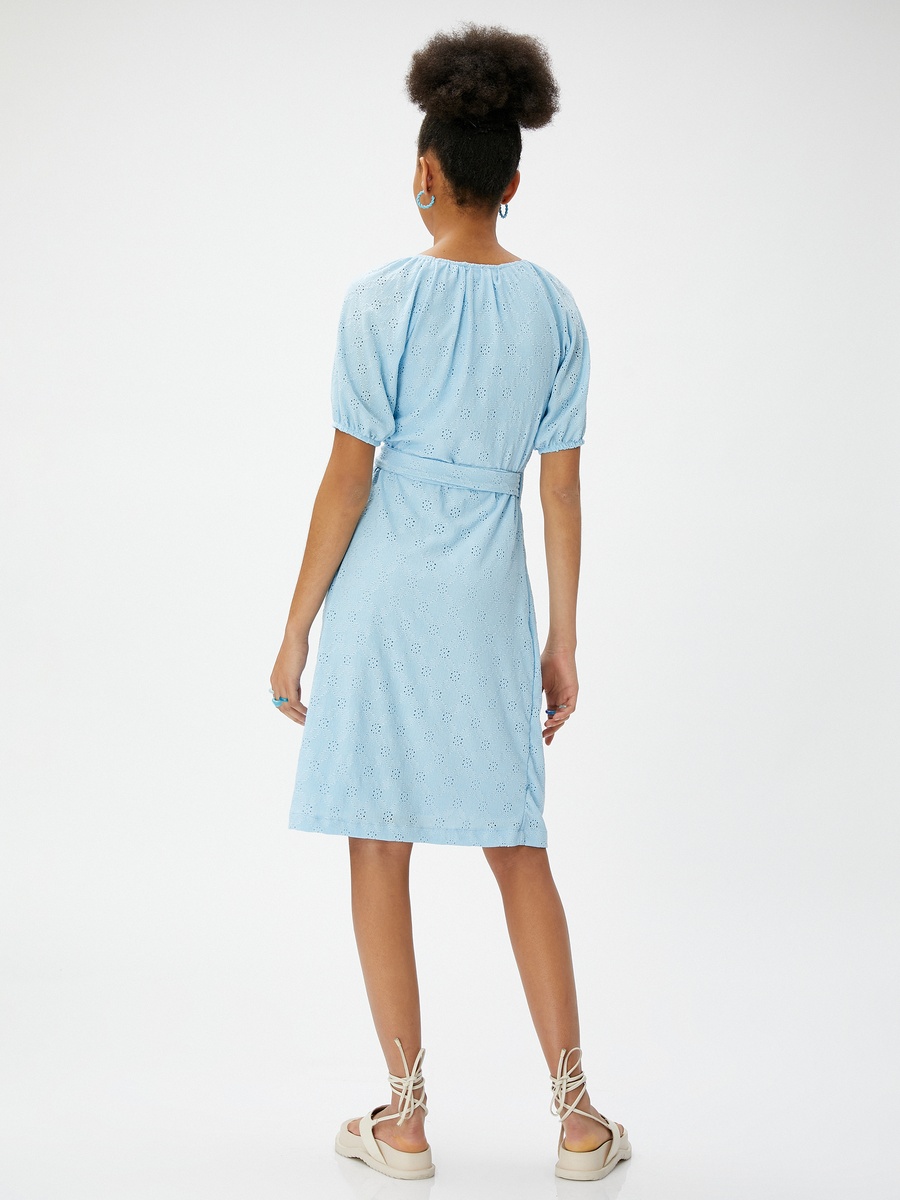V Neck Puff Sleeve Wrap Over Mini Cutwork Dress