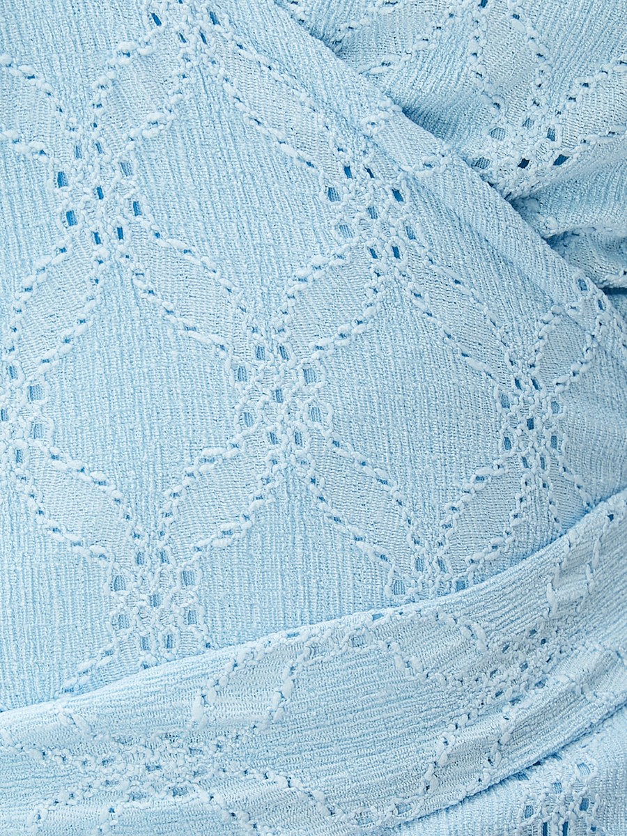 V Neck Puff Sleeve Wrap Over Mini Cutwork Dress