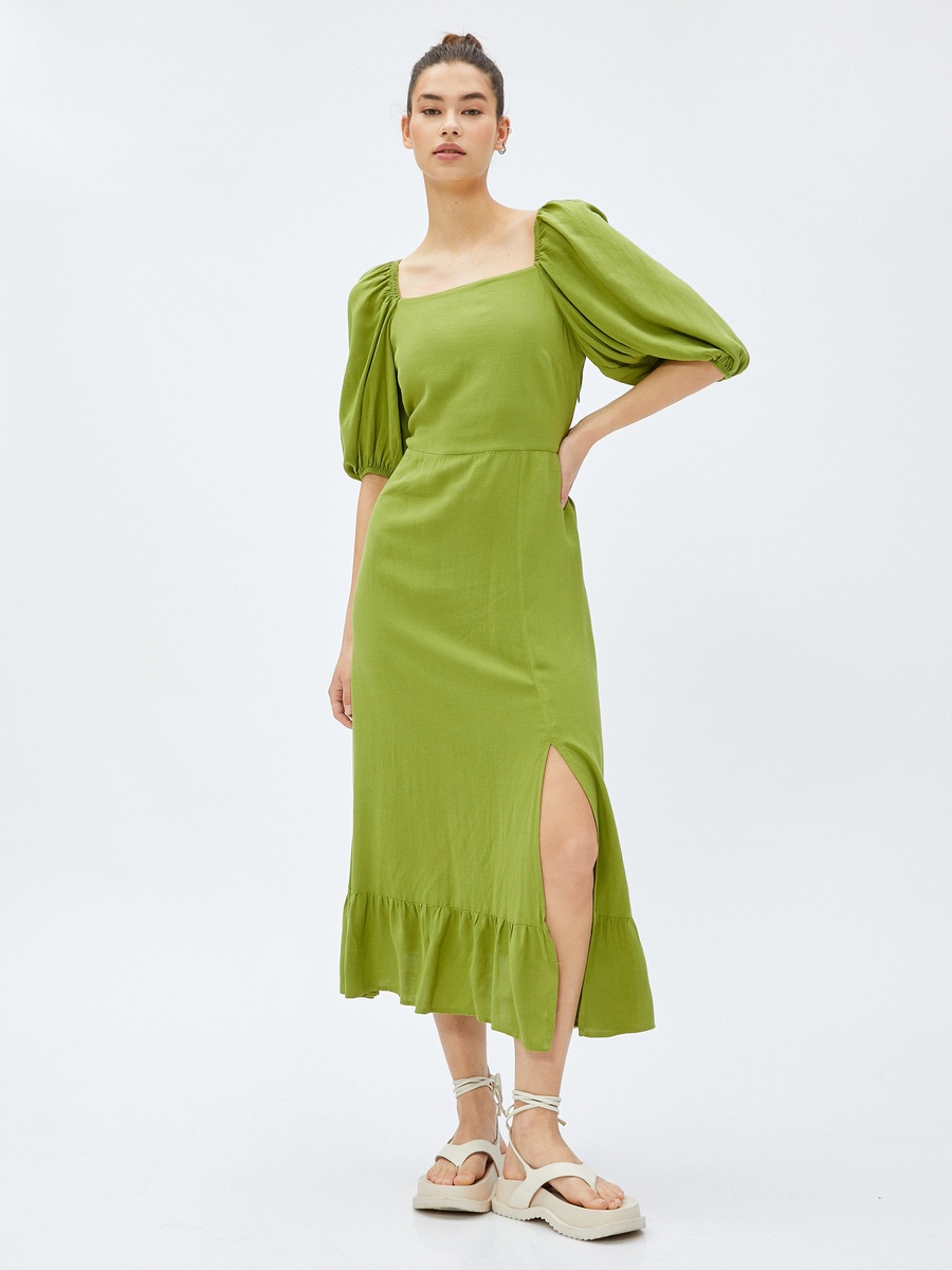 Ruffle Square Neck Puff Sleeve Midi Dress